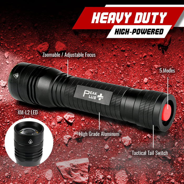 PeakPlus LED Tactical Flashlights High Lumens, Zoomable, 5 Modes