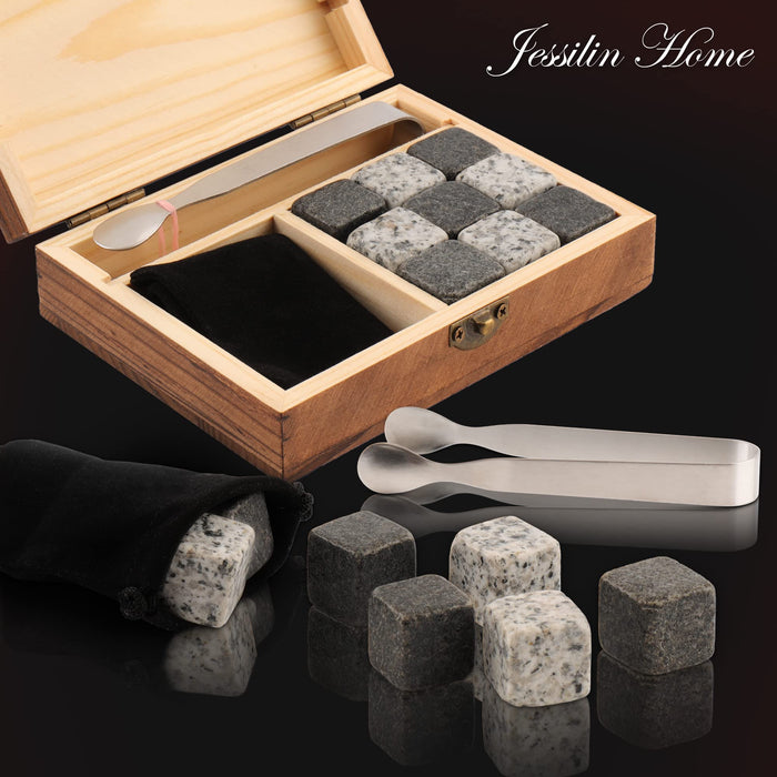 JESSILIN HOME Whiskey Stones Set for Men, 9 Granite Whisky Rocks with Handmade Wooden Box,Forceps and Velvet Carrying Pouch