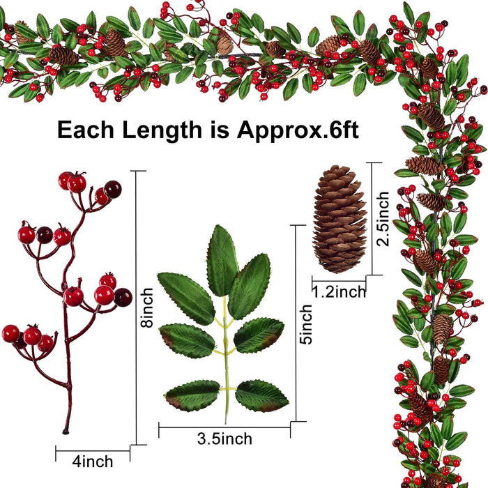 DearHouse 6FT Red Berry Christmas Garland with Pine Cone Garland Artificail Garland Indoor Outdoor Garden Gate Home Decoration for Holiday Winter Year Decor