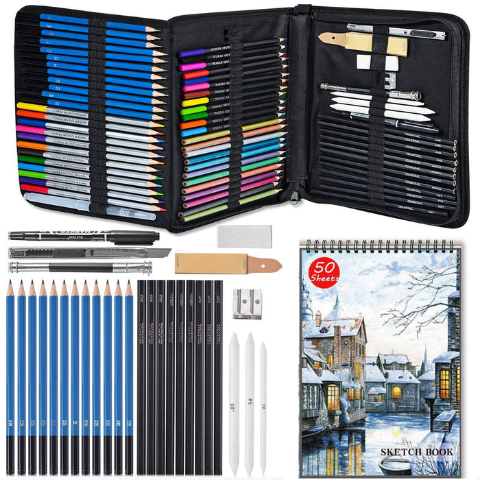 50-Piece Drawing & Sketching Art Set - Ultimate Complete Artist Kit,  Graphite and Charcoal Pencils & Sticks, Pastels, Erasers