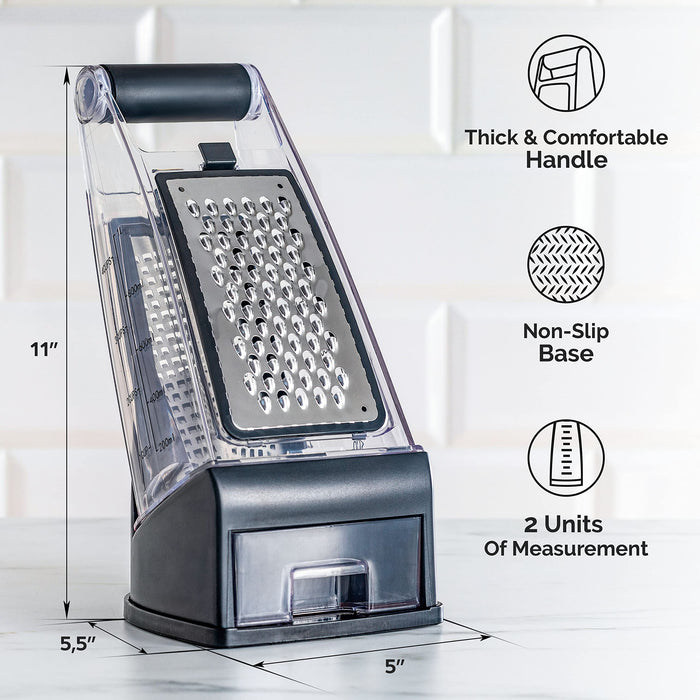 Joined Box Cheese Grater with Container, Measurements, and