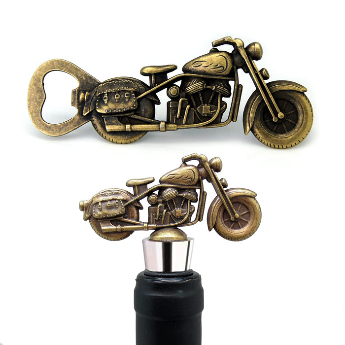 Vintage Bronze Metal Motorcycle Bottle Opener & Wine Bottle Stopper Souvenir  Set, Motorcycle Mini Model  For Men For Home Party