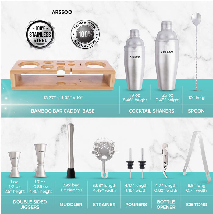 Mixology Bartenders Kit 16-Piece Premium Stainless Steel Cocktail Shaker Set & Stylish Bamboo Stand | Perfect Home Drink Mixing