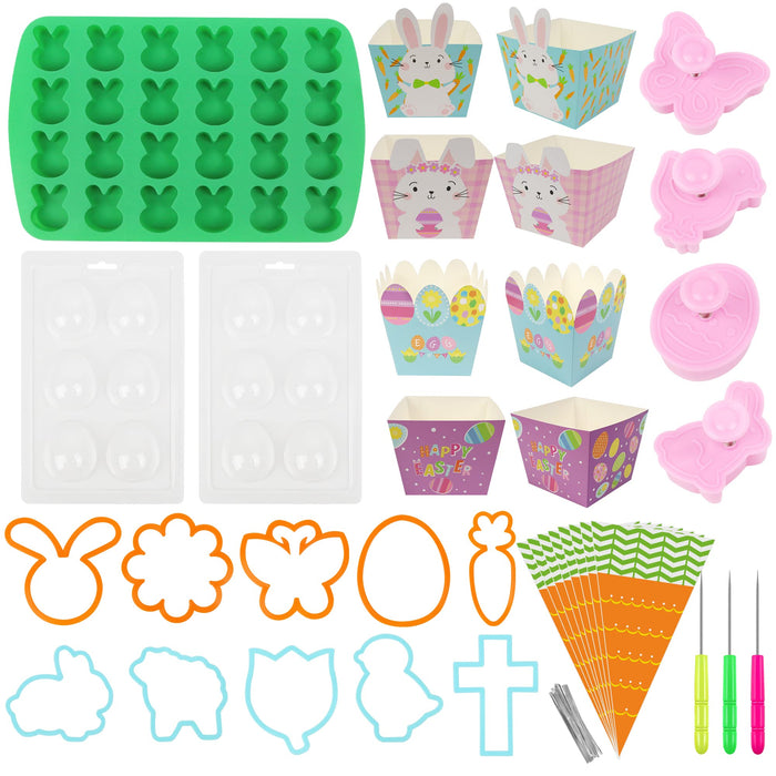 Easter Cookie Decorating Supplies Kit,with 14pcs Easter Cookie Cutter,Silicone Mold,Carrot Transparent Cone Cello Bags