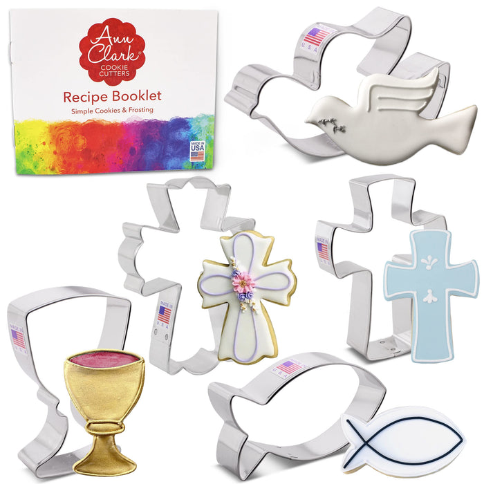 Communion Baptism Confirmation Easter Cookie Cutter Set, 5-Piece Chalice, Jesus Fish, Holy Cross, Dove, Fancy Cross