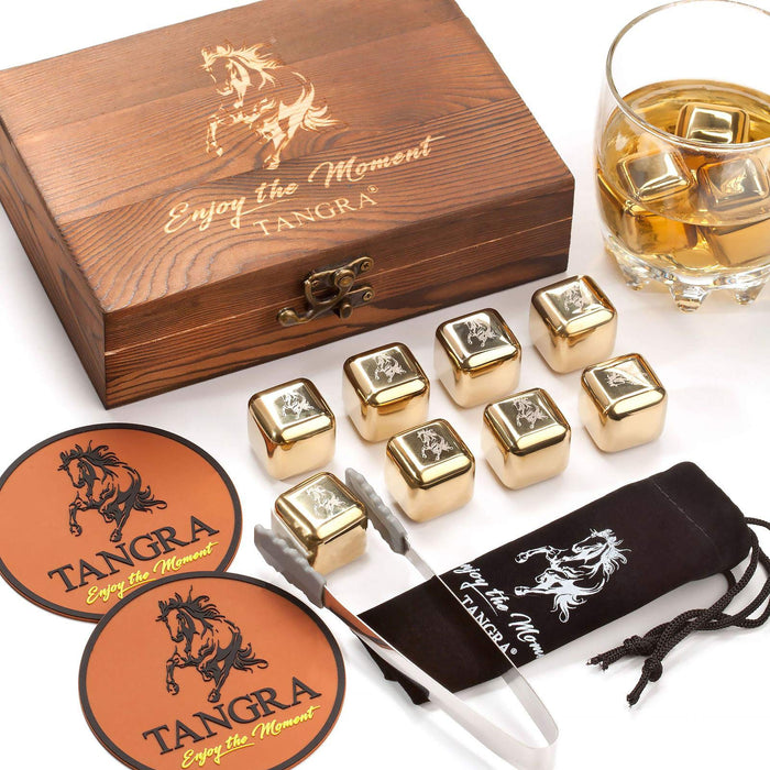 Whiskey Stainless Steel Stones Set of 8 Golden Ice Cubes. Reusable Chilling Rocks in Wooden Box Ideas for Men Dad Groomsman
