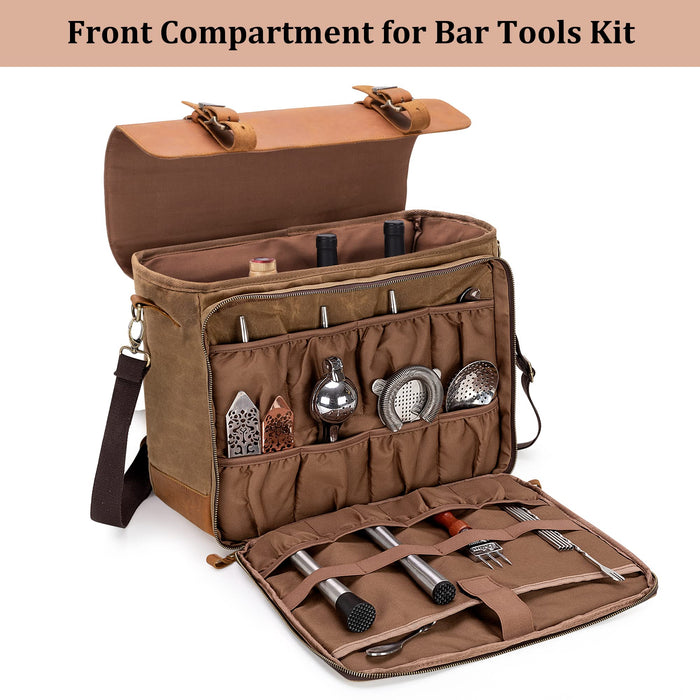 LoDrid Portable Bartenders Bag for Bar Kits, Vintage Genuine Leather Waxed Canvas Travel Bar Case with Thick Inner Dividers