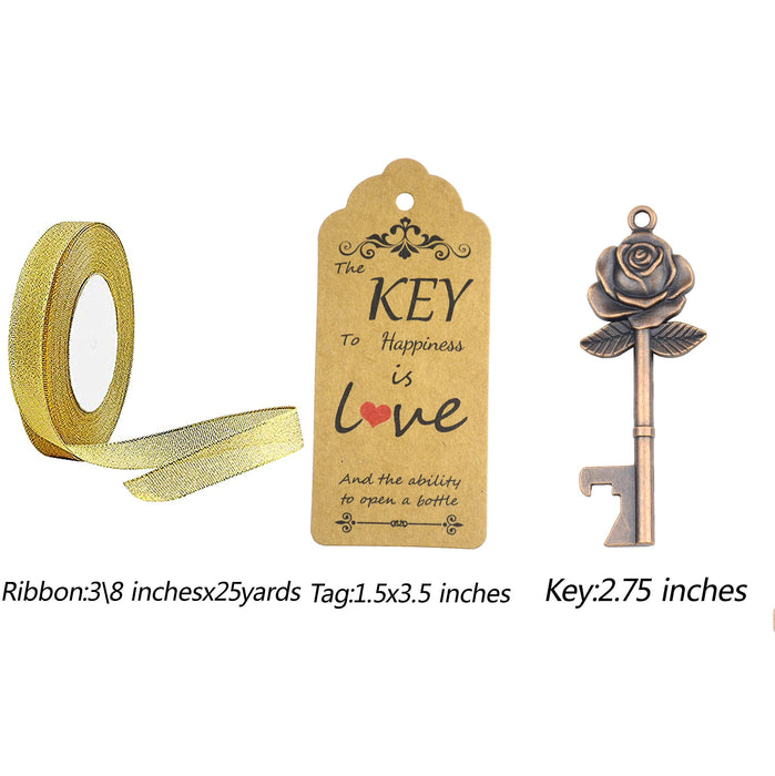 52 Set Rose Shape Key Bottle Opener with Ribbon Tag Card Wedding Bridal Shower Party Favors for Guests (Copper)