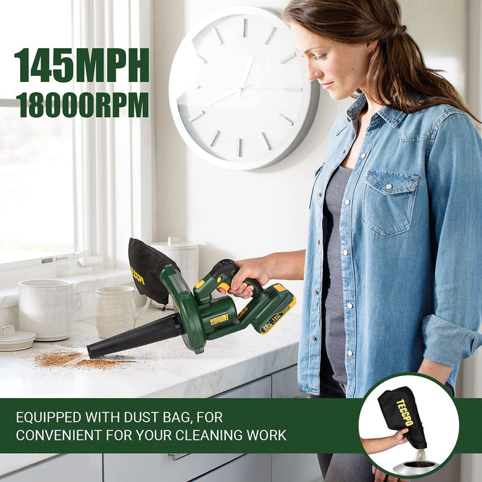 TECCPO Cordless Blower/Sweeper, 20V 2.0Ah Lithium Battery, Fast Charger, 145MPH, 18000RPM, Dust Bag, Electric Blower for Blowing Dust, Small Trash, Car, Computer Host, Hard-to-Clean Corner