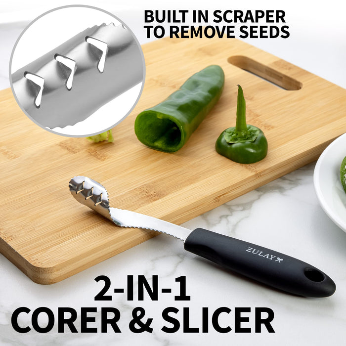 Uniques 2in1 Jalapeno orer Tool Stainless Steel Pepper Seed Remover Tool with Serrated Edges Soft Rubber Handle Jalapeno Pepper