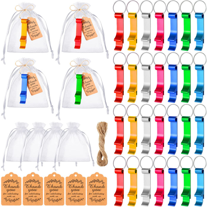 42 Pcs Bottle Opener Keychain Colorful Aluminum Beer Opener Keychain with Organza Bags Tags 20 Meters Rope for Men Women Guests