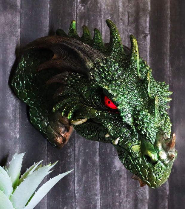 Ebros Fantasy Metallic Green Spiked Dragon Head Wall Decor Plaque With LED Illuminated Eyes Dungeons And Dragons Medieval