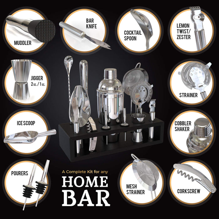 Highball & Chaser 13-Piece Cobbler Cocktail Shaker Set Stainless Steel Mixology Bartenders Kit With Stand For Home Bar Cocktail