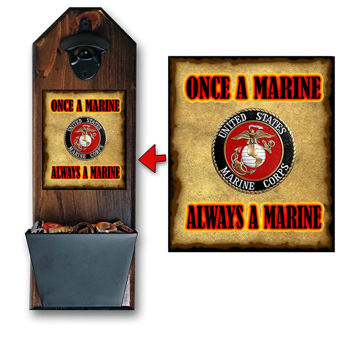 Marine Corps Bottle Opener and Cap Catcher, Wall Mounted - Handcrafted by a Vet - 100% Solid Pine 3/4" Thick - Officially License