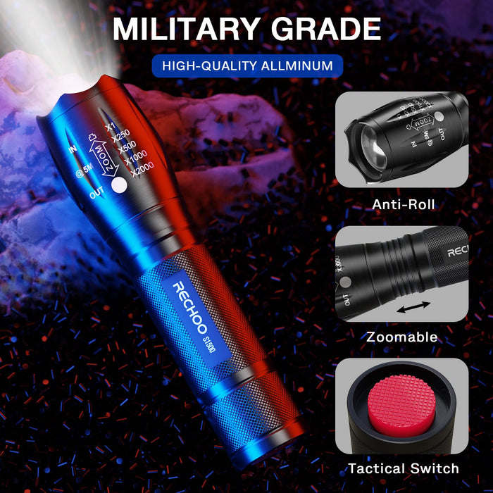 RECHOO Flashlight USB Rechargeable Double Switch S3000L LED Tactical  Flashlight High Lumens Super Bright 5 Modes Zoomable Waterproof Flashlight  for Camping, Emergency (Battery Included) 1-pack