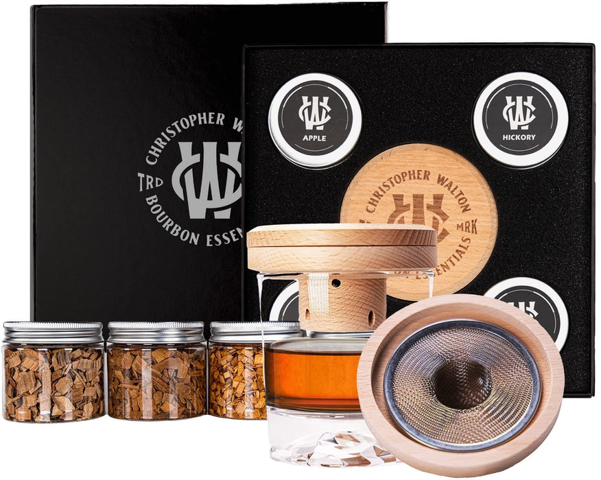 Christopher Walton - Cocktail Smoker Set for the Bourbon and Whiskey Enthusiast with 4 types of Wood Chips, Cherry, Apple, Oak