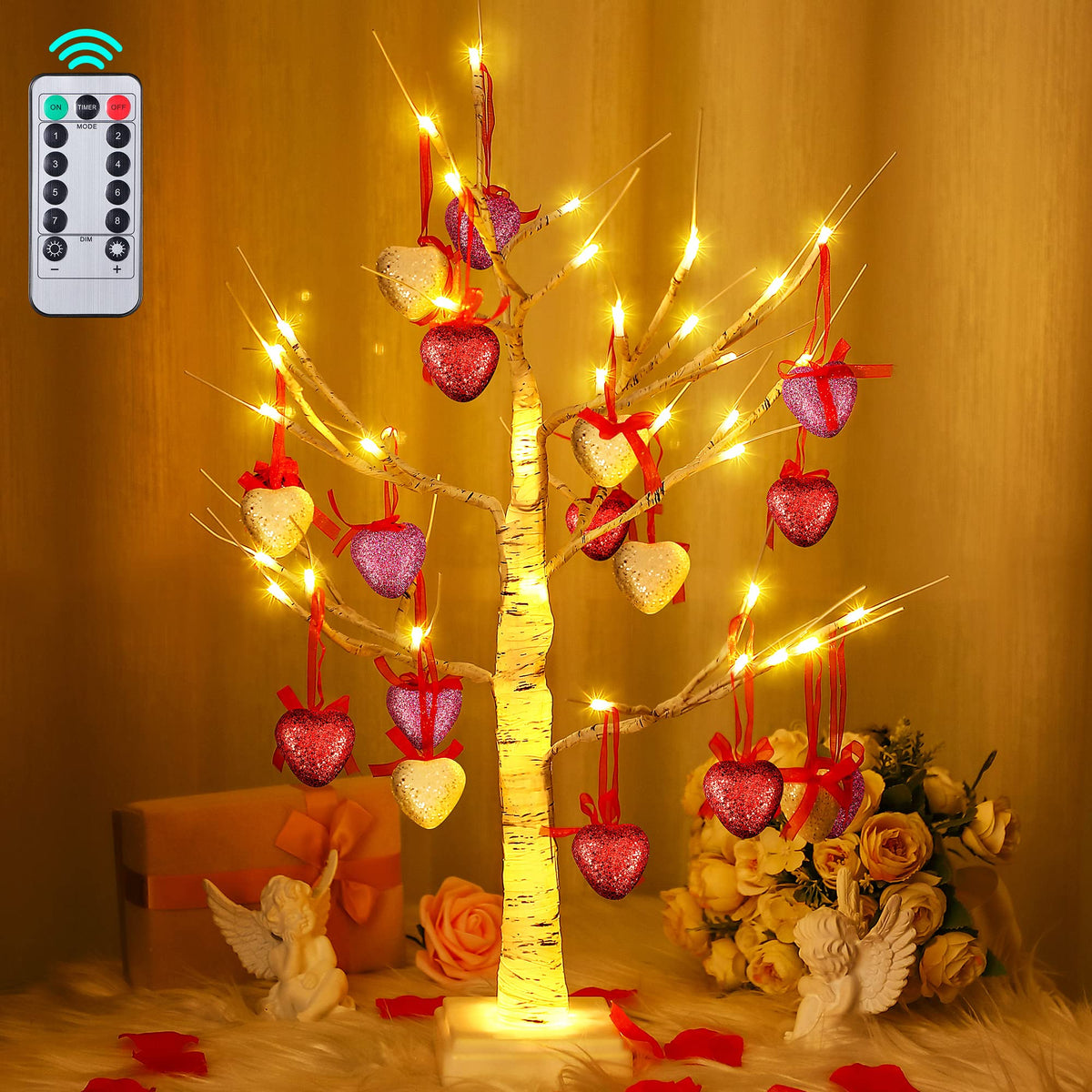 Valentine's Day Decoration 24 Inch Lighted Birch Tree LED Rattan Hearts  Decor