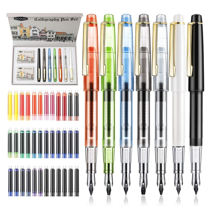 GC Quill Calligraphy Pen Set, 7 Calligraphy Fountain Pens with Different Nibs and 40 Ink Cartridges, Calligraphy Set for Beginners- MU-09