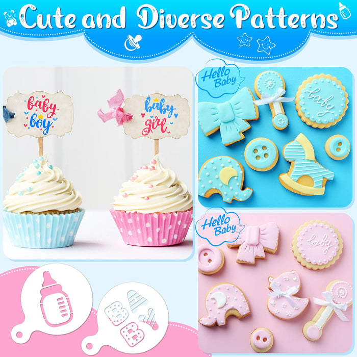 30 Pieces Baby Shower Cake Stencil Templates Decoration Reusable Baby Shower Cake Cookies Painting Tools Baby Theme Painting Templates Cute DIY Painting Stencils Cake Stencils for Baby Shower Party