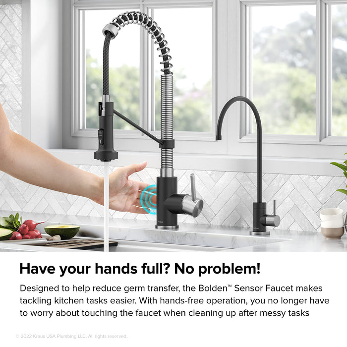 KRAUS Bolden Touchless Sensor Commercial Style Pull-Down Single Handle 18-Inch Kitchen Faucet in Spot-Free Stainless Steel/Matte Black, KSF-1610SFSMB