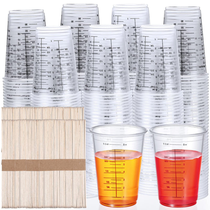 100 Pack Plastic Measuring Cups, 8 oz Disposable Mixing Cups with 100 Wooden Mixing Sticks, Can Be used for Epoxy Resin, Liquid Measuring, Paint Mixin