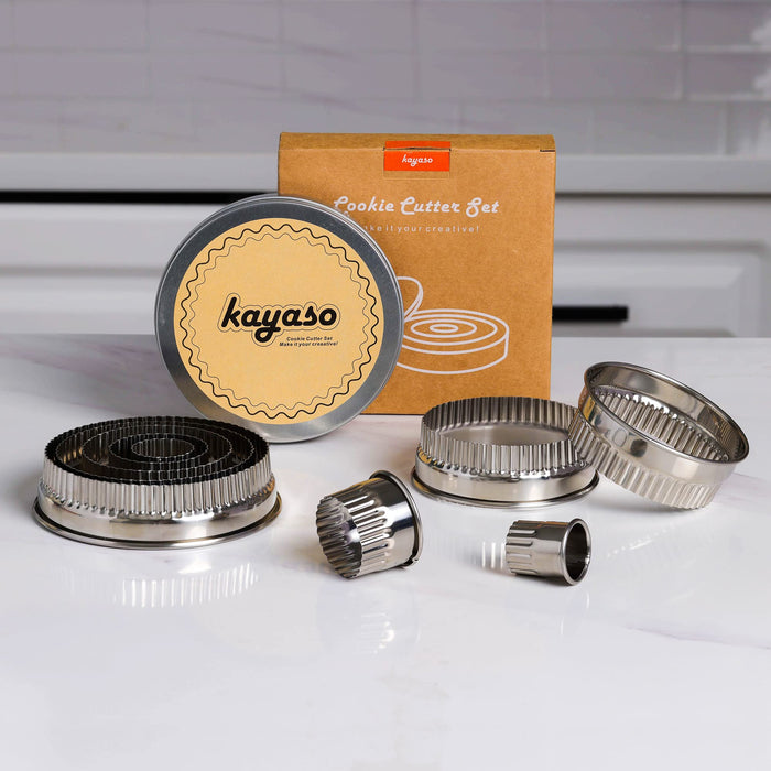Fluted Round Cookie Cutter, Stainless Steel Made, Graduated Size, 12 PC Set, Kayaso Fluted Ring Cutters,