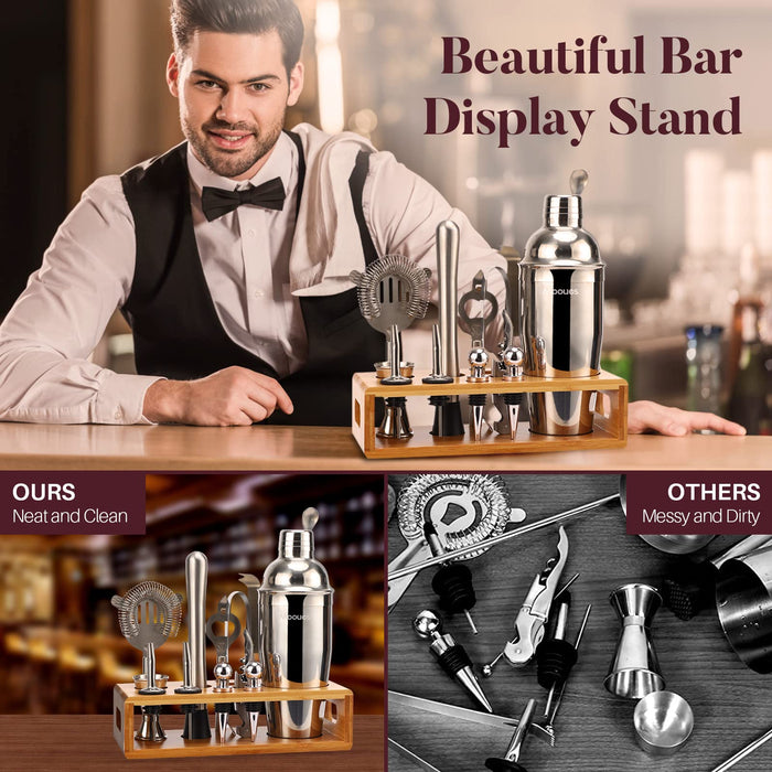 Stainless Steel Bar Set Bamboo Holder Kit Accessories Cocktail