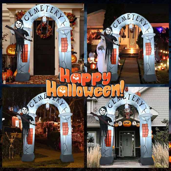 8Ft Tall Halloween Inflatable Cemetery Archway With 7 Led Lights, Halloween Spooky Grim Reaper Arch, Halloween Blow Up Inflatable