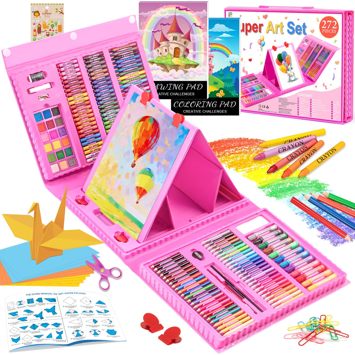 Beginners Art Set Case With Trifold Easel, Sketch Pad, Coloring