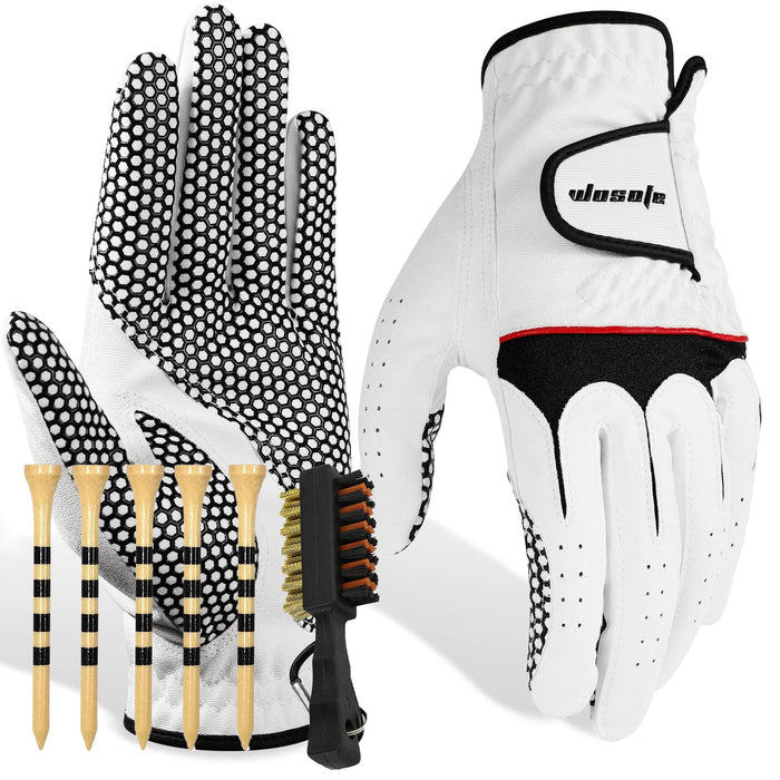 wosofe Men’s Golf Glove Left Hand Non-Slip Palm Pu Premium Leather Soft Durable Comfortable All Weather with Five Tees and Brush