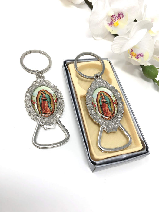 12 PCS Our Lady of Guadalupe Favor Baptism First Communion Memory Silver Keychains With Bottle Opener