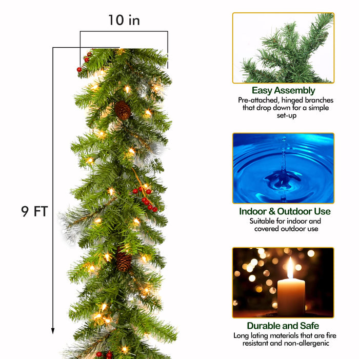 hykolity 9 ft. Artificial Christmas Garland with 50 Warm White Lights, Pre-lit Christmas Garland for Doors, Windows, Fireplace Mantels, Fence or Stairway, Adorned with Pinecones, Red Berries, Plug in