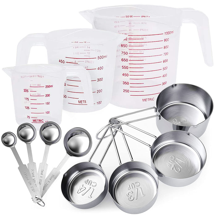 Measuring Cups and Spoons Set 11 Piece. Includes 10 Stainless Steel  Measuring Spoons and Cups Set and 1 Plastic Measuring Cup. Liquid Measuring  Cups