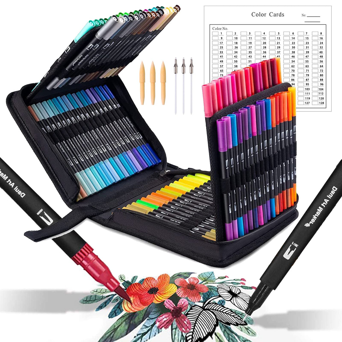 Dual Tip Brush Pens Art Markers, Shuttle Art 105 Colors Fine and Brush Dual  Tip Markers Set in Portable Case with 1 Coloring Book for Kids Adult Artist  Coloring 