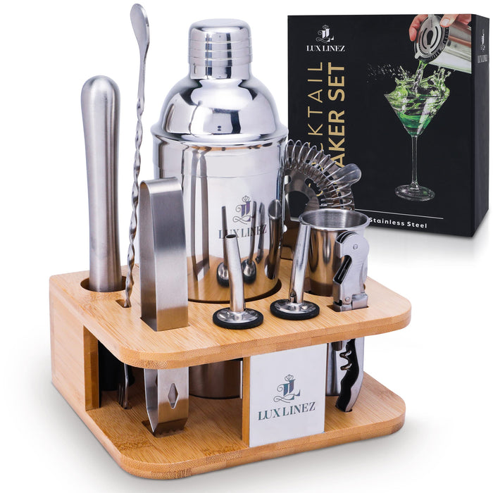 LUX LINEZ Bartenders Kit-Cocktail Shaker Set with Anti-Slip Bamboo Stand-10 pcs cocktail set with All Essential Bar Tools-Cocktail