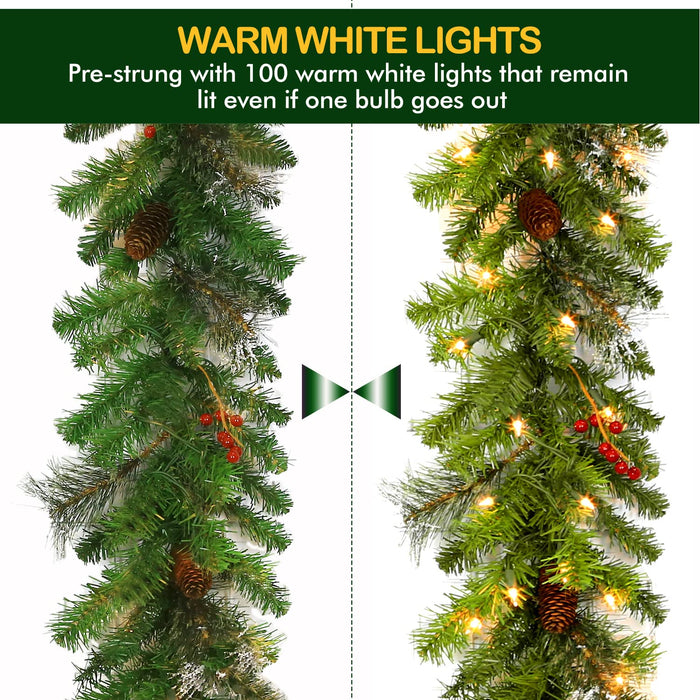 Hykolity 12 ft. Artificial Christmas Garland with 100 Warm White Lights, Pre-lit Christmas Garland for Doors, Windows, Fireplace Mantels, Stairway, Adorned with Pinecones, Red Berries, Plug in