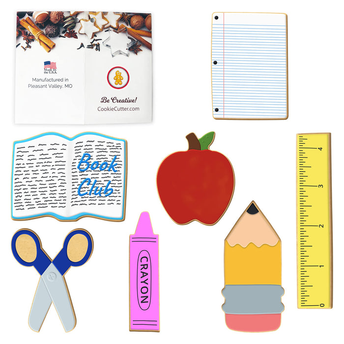 Back To School Teacher Appreciation Cookie Cutter 7 Pc Set –School Book, Ruler, Crayon, Scissors, Rectangle, apple