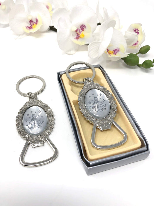 Quinceañera Keychain Bottle Opener Favor (12 PCS) - Sweet 15 Mis Quince 15 Birthday Sweet Sixteen Silver Color Metal Key Ring