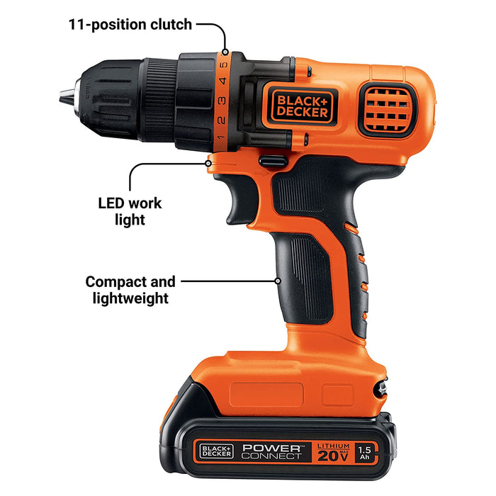 BLACK+DECKER 20V MAX Cordless Drill and Driver, 3/8 Inch, With LED Work  Light, Battery and Charger Included (LDX120C)