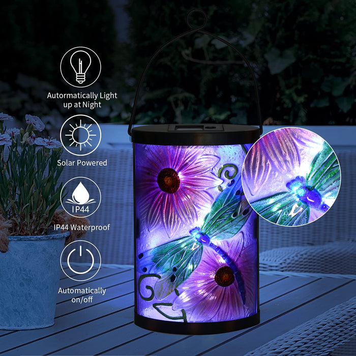 Afirst Solar Lantern Outdoor Hanging Glass Solar Dragonfly Lights Waterproof LED Solar Lamp for Garden Yard Tree Desk Decor