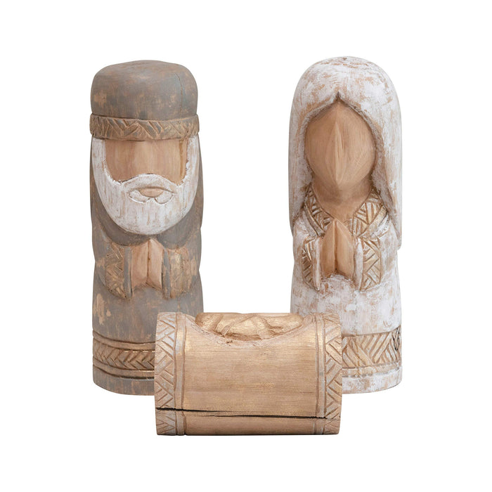 Creative CoOp 9" H HandCarved Mango Wood Holy Family, Grey, White & Gold Color, Set of 3 (Each One Will Vary) Figures and Figurines, Multi