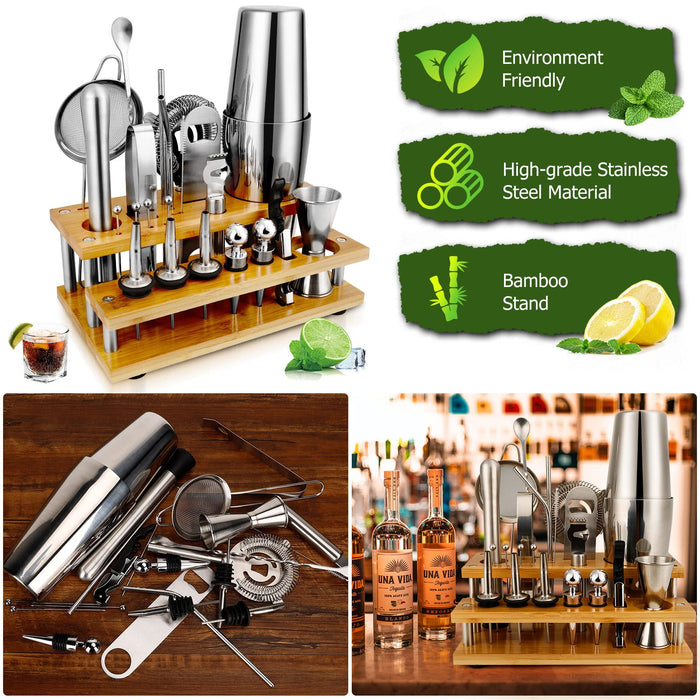 24-Piece Cocktail Shaker Set Bartenders Kit with Stand, Stainless Steel Bar Tool Set with 25oz Boston Shaker, Muddler
