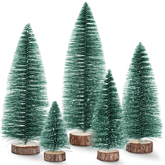 5 Pieces Artificial Mini Christmas Sisal Snow Frost Trees with LED Fairy String Light, Bottle Brush Trees Plastic Winter Snow Ornaments Tabletop Trees for Christmas Party Home Decoration