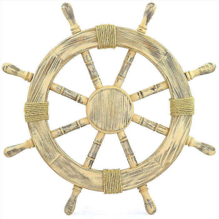 Beige Wooden Nautical Pirate's Ship Wheel | Piood Sailor's Boat Steering Wheel | Maritime Wall & Home Decor Hanging Signs