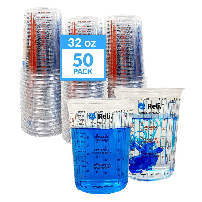 (50 Pcs - Bulk Value) Reli. 32 oz (1 quart) Paint Mixing Cup | Disposable Measuring Cups | Clear Plastic Mixing Cups for Paint, Epoxy, Resin, Pigments | Multipurpose Self Mixing Cup/Epoxy Cup (32oz)