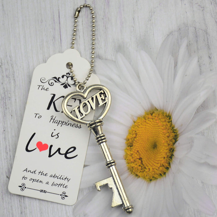 Makhry 52pcs Vintage Skeleton Key Bottle Opener with Love Heart Escort Thank You Tags and Keychain as Wedding Favor for Wedding