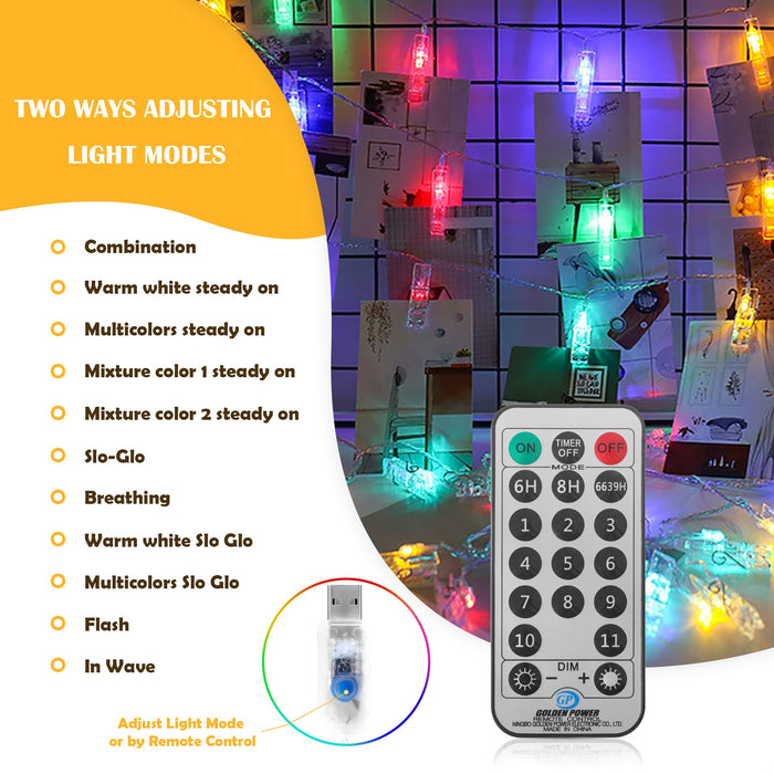 Microwear Photo Clip String Lights,USB or Battery Powered,8 Modes 100 LED  10M Hanging String Fairy Lights with Remote,Decoration for Indoor Bedroom