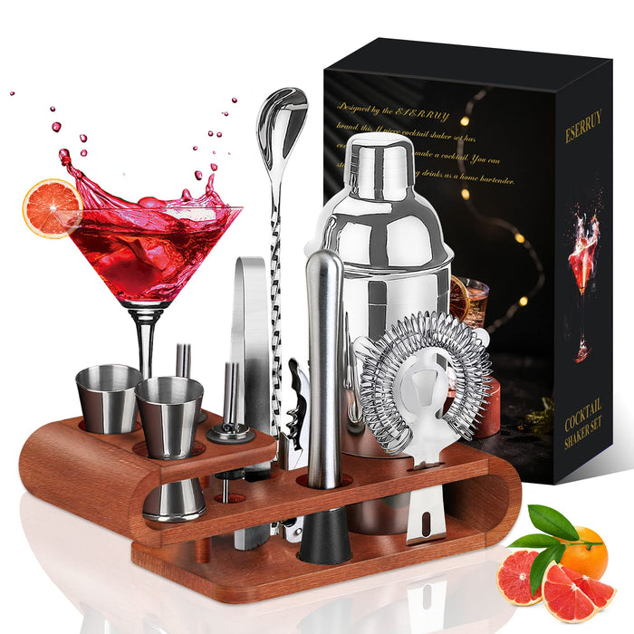 ESERRUY 11-Piece Cocktail Shaker Bartenders Kit with Bamboo Stand,Perfect for Home Bartenders Set Drink Mixing,Professional Stainless shaker