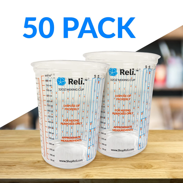 (50 Pcs - Bulk Value) Reli. 32 oz (1 quart) Paint Mixing Cup | Disposable Measuring Cups | Clear Plastic Mixing Cups for Paint, Epoxy, Resin, Pigments | Multipurpose Self Mixing Cup/Epoxy Cup (32oz)