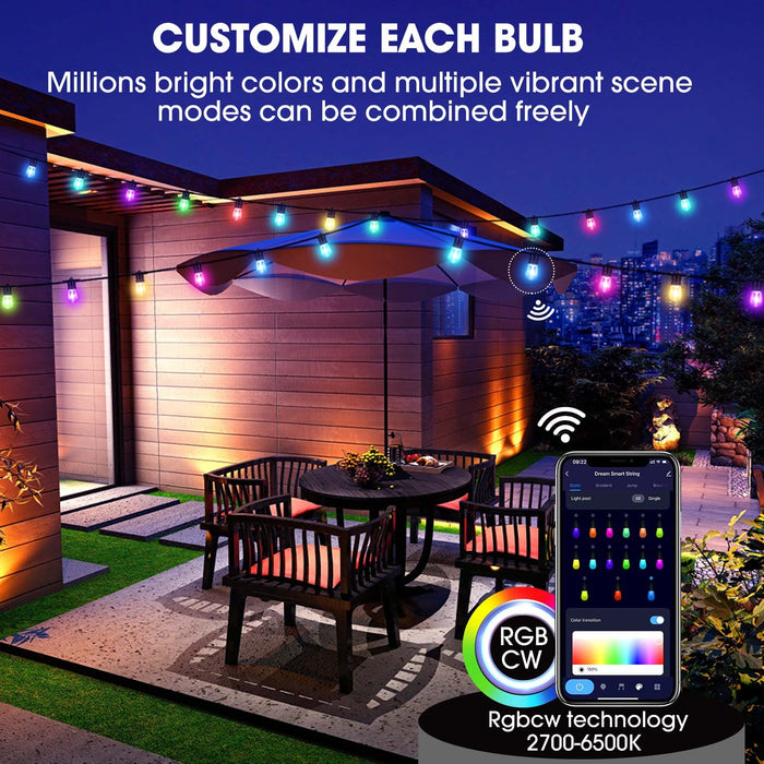 100FT Outdoor String Lights with Dimmable Remotes,Rgb Outdoor Lights for  Patio L